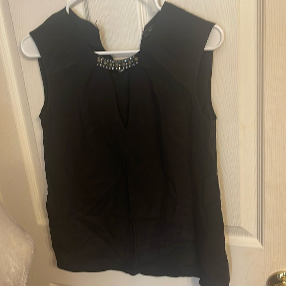 BCBGMaxAzria Silk Black Blouse with jeweled neckline EUC XSmall